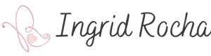 Logotipo com monograma delicado em traço rosa claro formando a letra “R” com dois corações integrados, ao lado do nome “Ingrid Rocha” em tipografia cursiva preta, sobre fundo transparente.